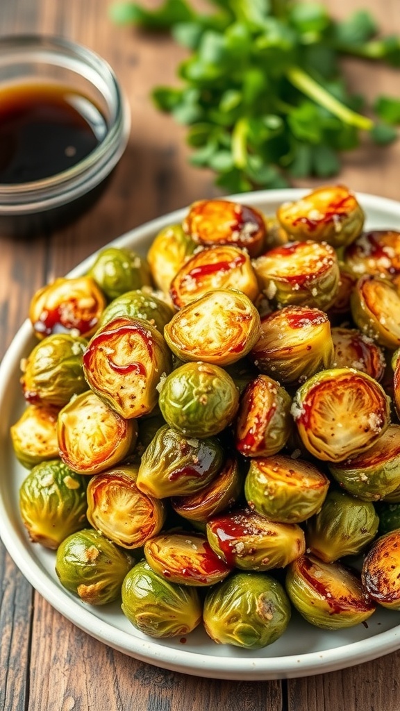 Crispy air fryer Brussels sprouts garnished with Parmesan and balsamic vinegar on a wooden table.